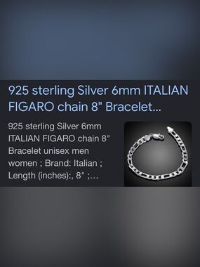 Sterling Silver 925, 8”, 6mm Unisex, Italian Figaro Bracelet. Brand new in box